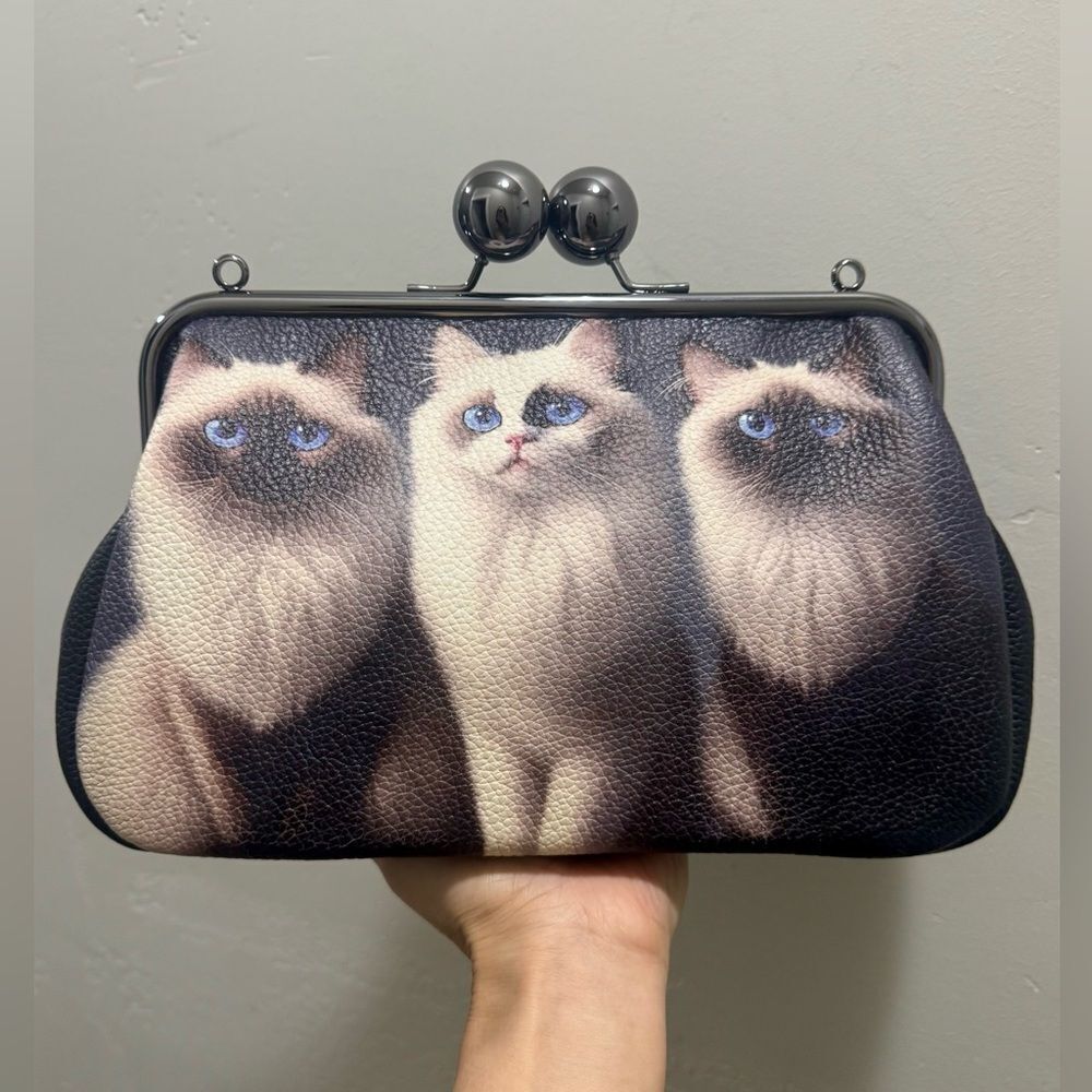 Unique Cats Print Pebble Cowhide Handmade Large Ball Kisslock Handbag, Multi Use - Picture 5 of 16